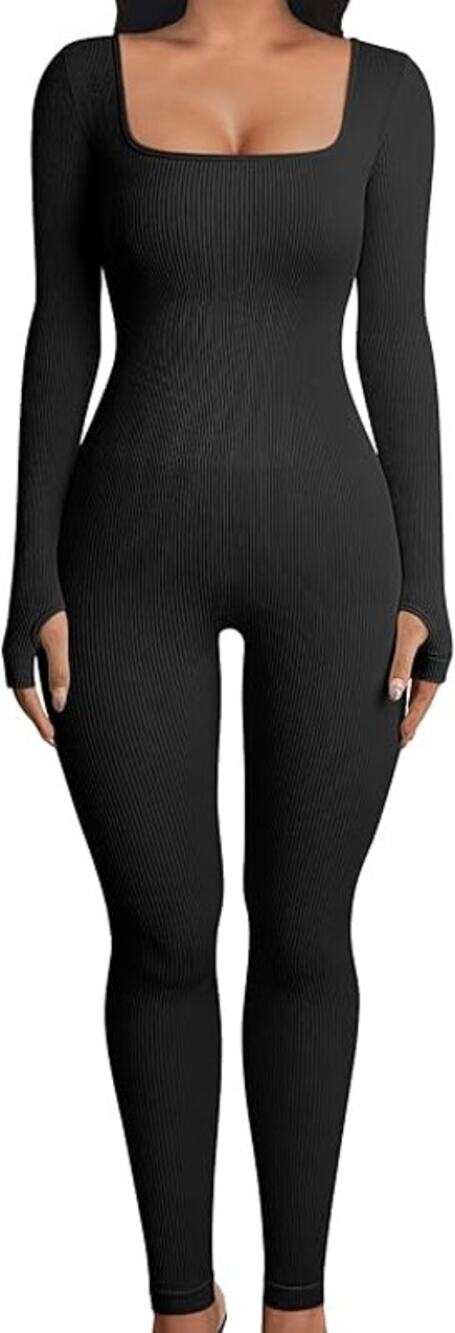OQQ Women Long Sleeve Yoga Jumpsuits Workout Ribbed Bodysuits Size L